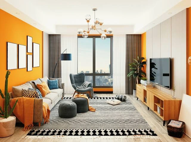 Sala de estar contemporânea com decoração em tons de laranja